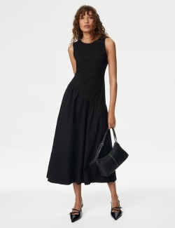 Cotton Blend Textured Midi Drop Waist Dress