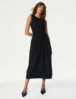 Cotton Blend Textured Midi Drop Waist Dress