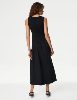 Cotton Blend Textured Midi Drop Waist Dress