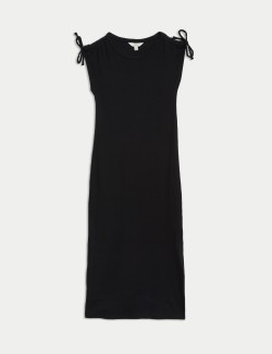 Cotton Rich Round Neck Ruched Midi Column Dress