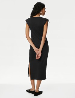 Cotton Rich Round Neck Ruched Midi Column Dress