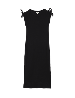 Cotton Rich Round Neck Ruched Midi Column Dress