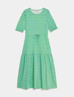 Jersey Printed Tie Detail Midi Tea Dress