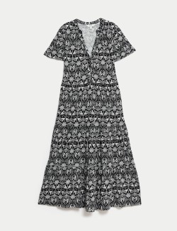 Pure Cotton Printed V-Neck Midi Tiered Dress