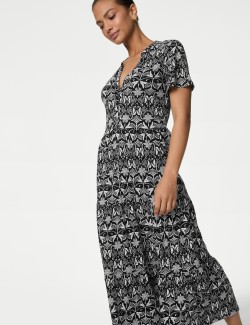 Pure Cotton Printed V-Neck Midi Tiered Dress