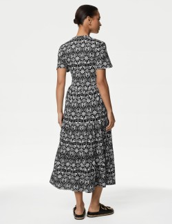 Pure Cotton Printed V-Neck Midi Tiered Dress