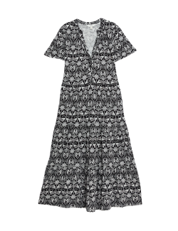 Pure Cotton Printed V-Neck Midi Tiered Dress