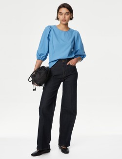 Pure Cotton Puff Sleeve Popover Blouse