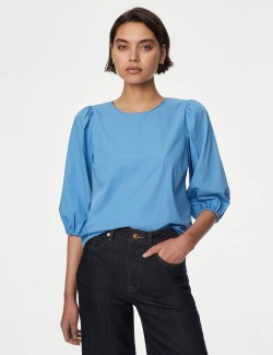 Pure Cotton Puff Sleeve Popover Blouse