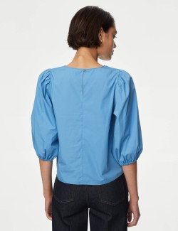 Pure Cotton Puff Sleeve Popover Blouse