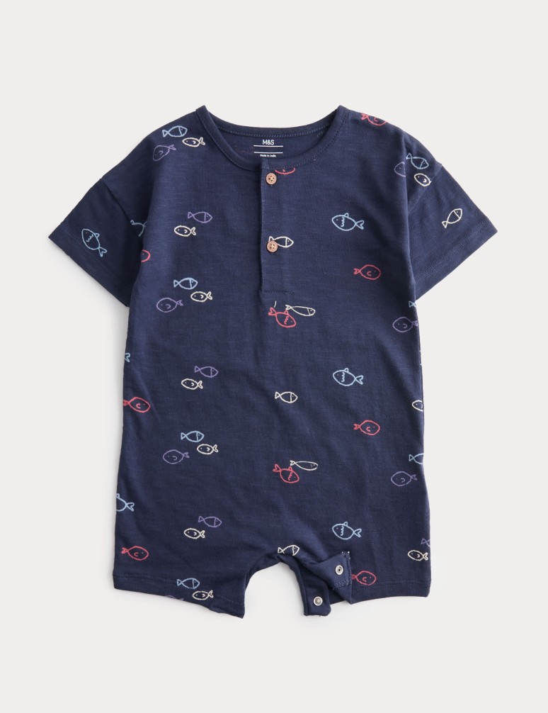 Pure Cotton Jersey Navy Fish Romper (0-3 Yrs)