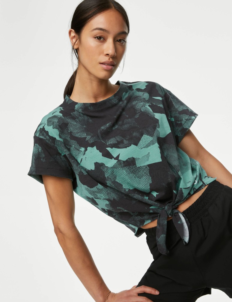 Modal Blend Printed Tie Front Crop T-Shirt