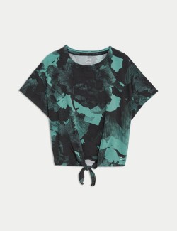 Modal Blend Printed Tie Front Crop T-Shirt