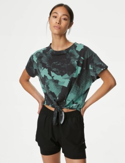 Modal Blend Printed Tie Front Crop T-Shirt