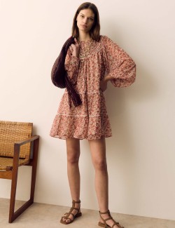 Printed Ladder Lace Insert Mini Smock Dress