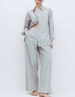 Poplin Striped Wide Leg Pyjama Bottoms