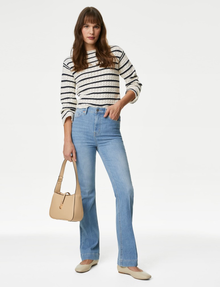 High Waisted Crease Front Slim Flare Jeans