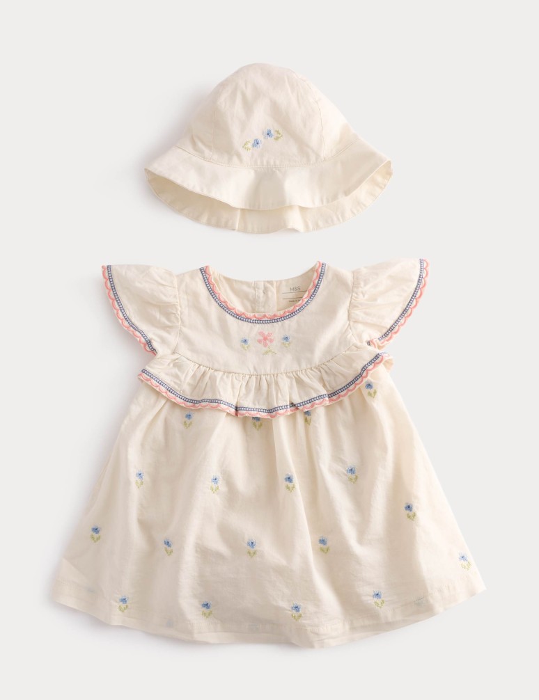 2 Piece Pure Cotton Floral Dress & Hat Outfit (0-2 Yrs)
