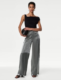 Metallic Drawstring Wide Leg Trousers