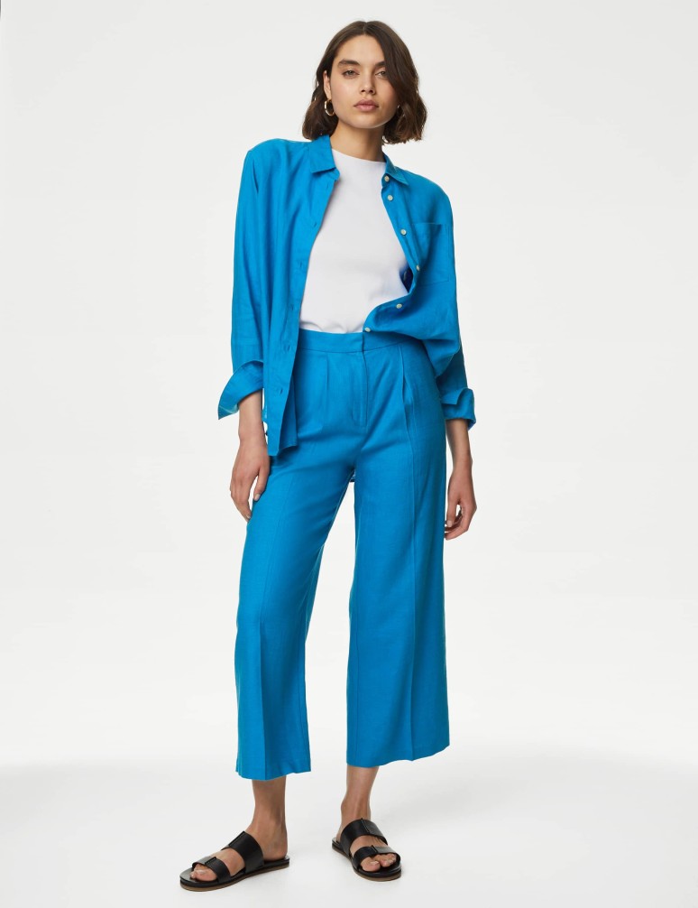 Linen Rich Wide Leg Cropped Trousers