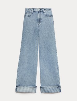 High Waisted Striped Wide Leg Turn Up Jeans