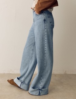 High Waisted Striped Wide Leg Turn Up Jeans