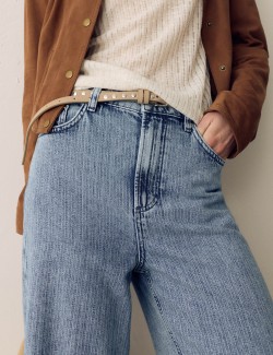 High Waisted Striped Wide Leg Turn Up Jeans