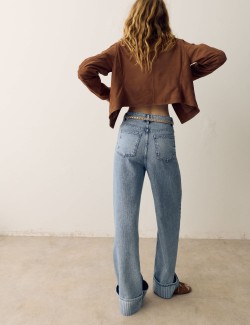 High Waisted Striped Wide Leg Turn Up Jeans