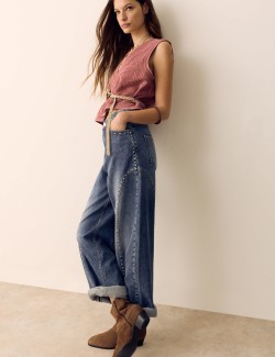 Western High Waisted Studded Tapered Jeans