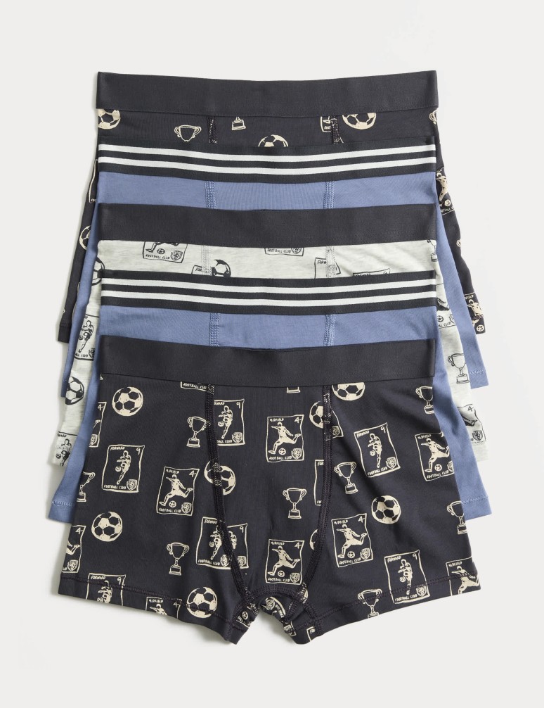 Trenýrky s vysokým podílem bavlny s fotbalovým potiskem, 5 ks (5–16 let)