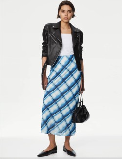 Checked Midi Column Slip Skirt