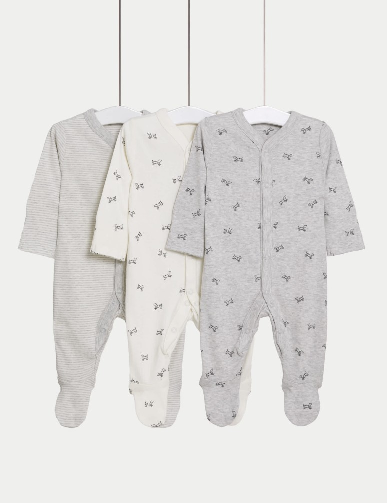 3pk Pure Cotton Dog & Striped Sleepsuits (5lbs-3 Yrs)