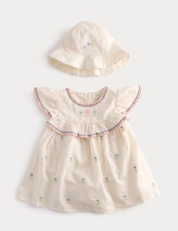 2 Piece Pure Cotton Floral Dress & Hat Outfit (0-2 Yrs)