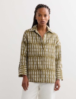 Pure Linen Dash Printed Popover Blouse