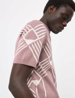 Pletená polokošile s geometrickým vzorem z čisté bavlny