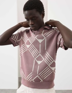 Pletená polokošile s geometrickým vzorem z čisté bavlny