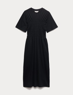Řasené tričkové midi šaty s vysokým obsahem bavlny