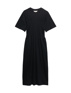 Řasené tričkové midi šaty s vysokým obsahem bavlny