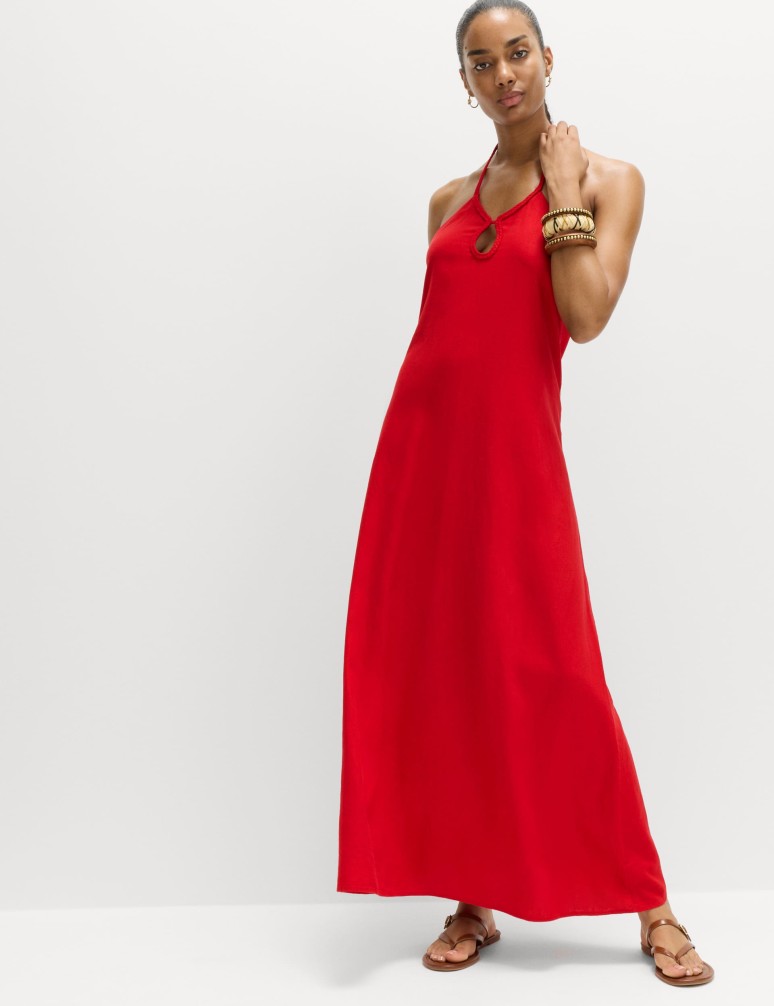 Maxi šaty se zapínáním za krkem, vysokým podílem lnu