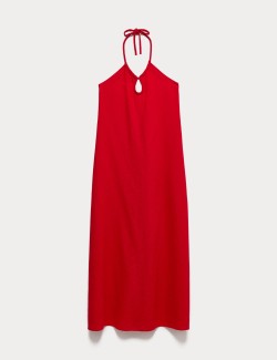 Maxi šaty se zapínáním za krkem, vysokým podílem lnu