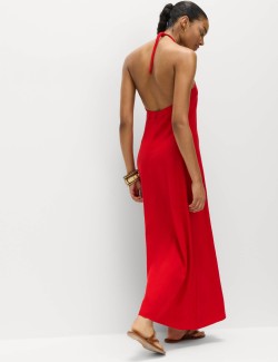 Maxi šaty se zapínáním za krkem, vysokým podílem lnu