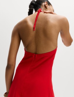 Maxi šaty se zapínáním za krkem, vysokým podílem lnu