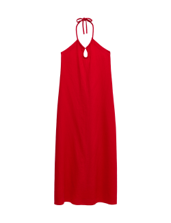 Maxi šaty se zapínáním za krkem, vysokým podílem lnu