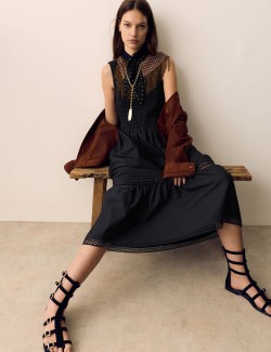 Řasené midi šaty, z čisté bavlny