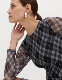 Mesh Checked Mini Skater Dress