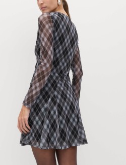 Mesh Checked Mini Skater Dress