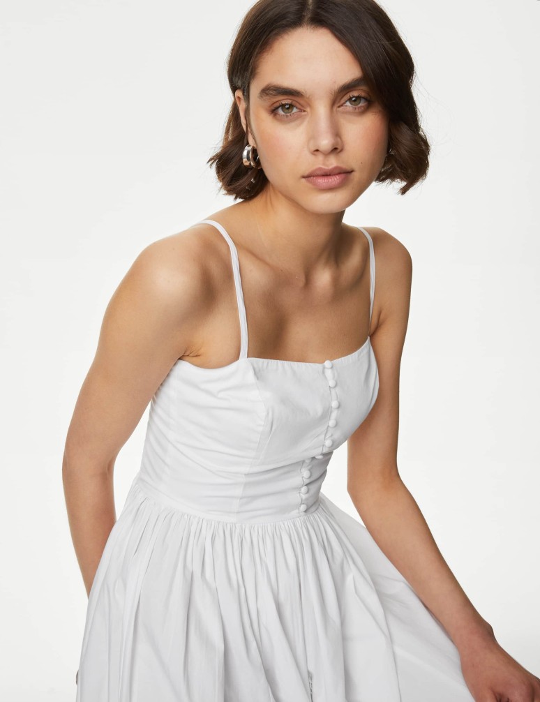 Pure Cotton Strappy Midi Cami Waisted Dress