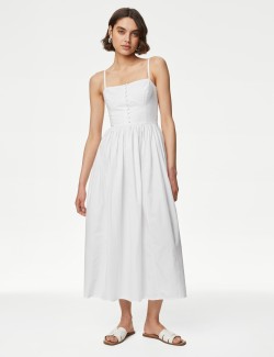 Pure Cotton Strappy Midi Cami Waisted Dress