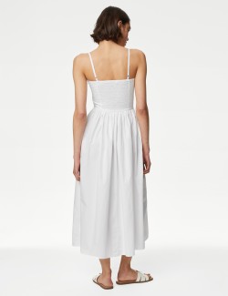 Pure Cotton Strappy Midi Cami Waisted Dress