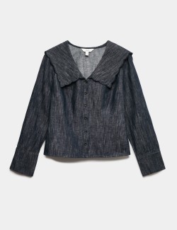 Linen Blend Denim Scallop Collar Shirt